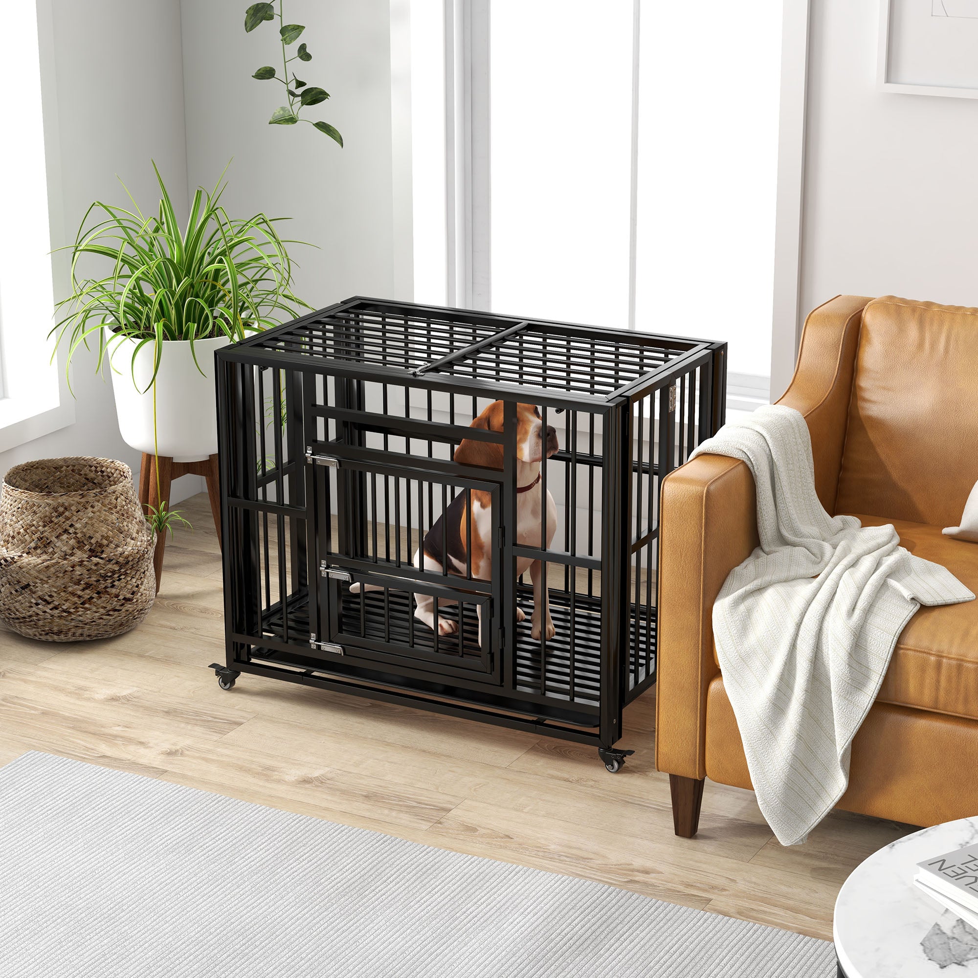 PawHut 37" Heavy Duty Dog Crate, Foldable Dog Cage, with Openable Top, Locks, Removable Tray, Wheels - Black 
