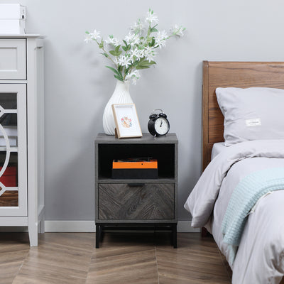HOMCOM Bedside Table with Drawer and Shelf, Side End Table with Steel Legs for Living Room, Bedroom, Set of 2, Dark Grey 
