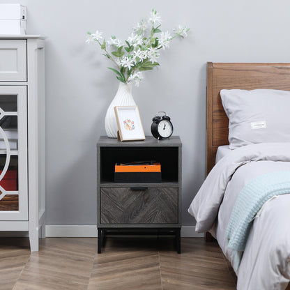 HOMCOM Bedside Table with Drawer and Shelf, Side End Table with Steel Legs for Living Room, Bedroom, Set of 2, Dark Grey