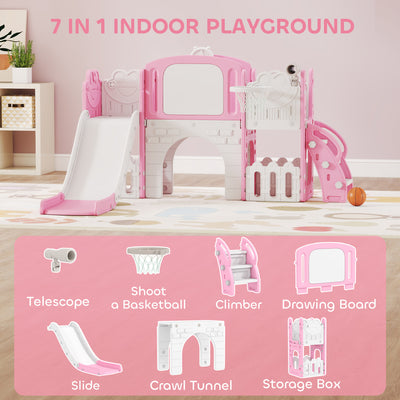 AIYAPLAY 7 in 1 Toddler Slide Set with Basketball Hoop, Climbing Frame, Telescope, Drawing Board, Storage Box, Pink 
