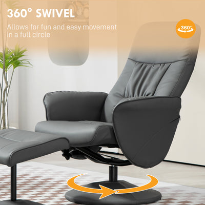 HOMCOM Swivel Recliner Chair with Footstool, PU Leather Armchair and Ottoman with High Back and Round Base for Living Room, Grey 