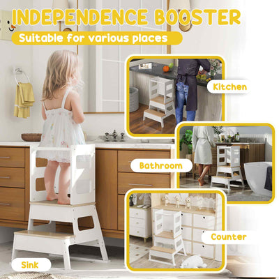AIYAPLAY 2-in-1 Toddler Tower with Chalkboard, Safety Rail for Kitchen, Counter, Bathroom, Sink, White 