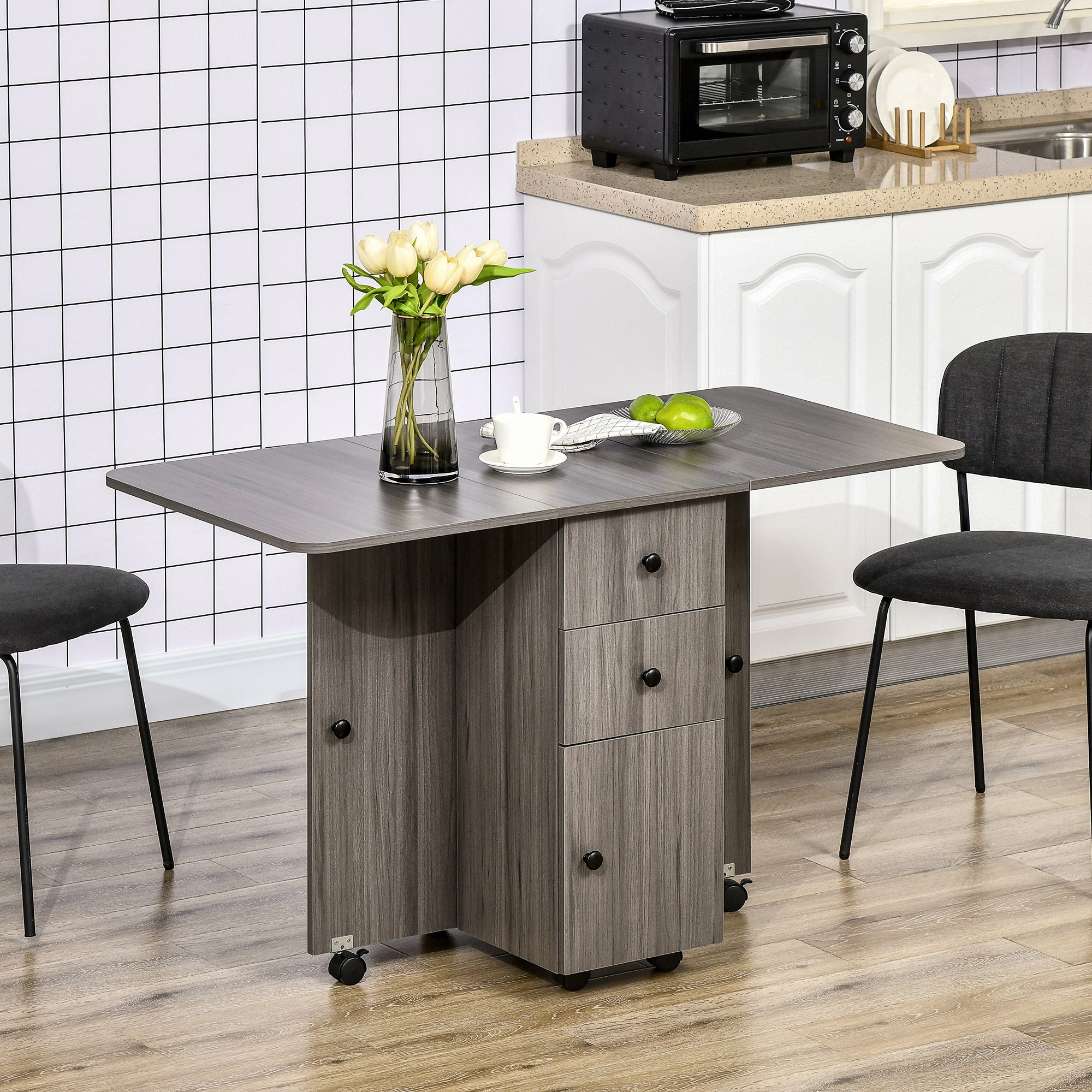 HOMCOM Multi-Storage Six-Person Drop Leaf Dining Table - Grey