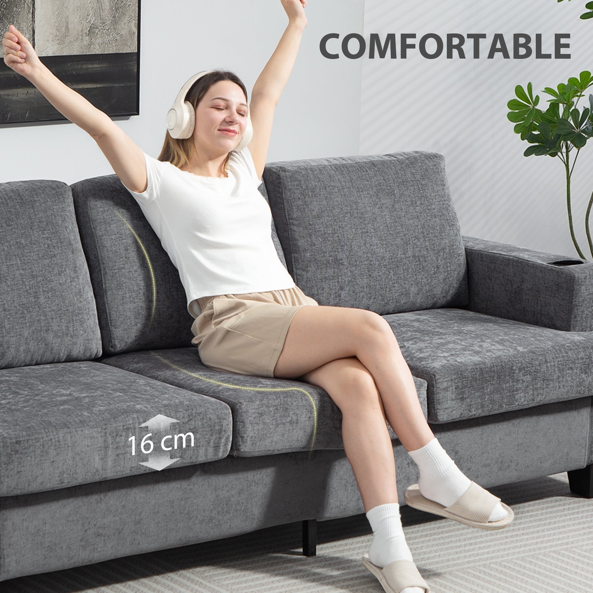 HOMCOM 3 Seater Sofa with USB Ports & Cup Holders - Grey