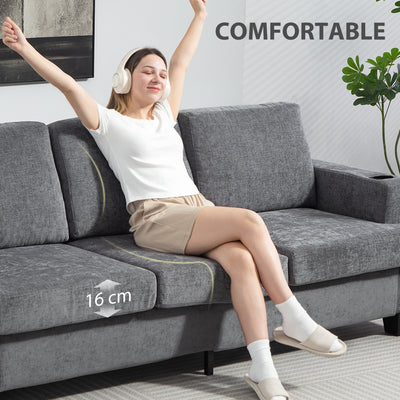 HOMCOM 3 Seater Sofa with USB Ports & Cup Holders - Grey 