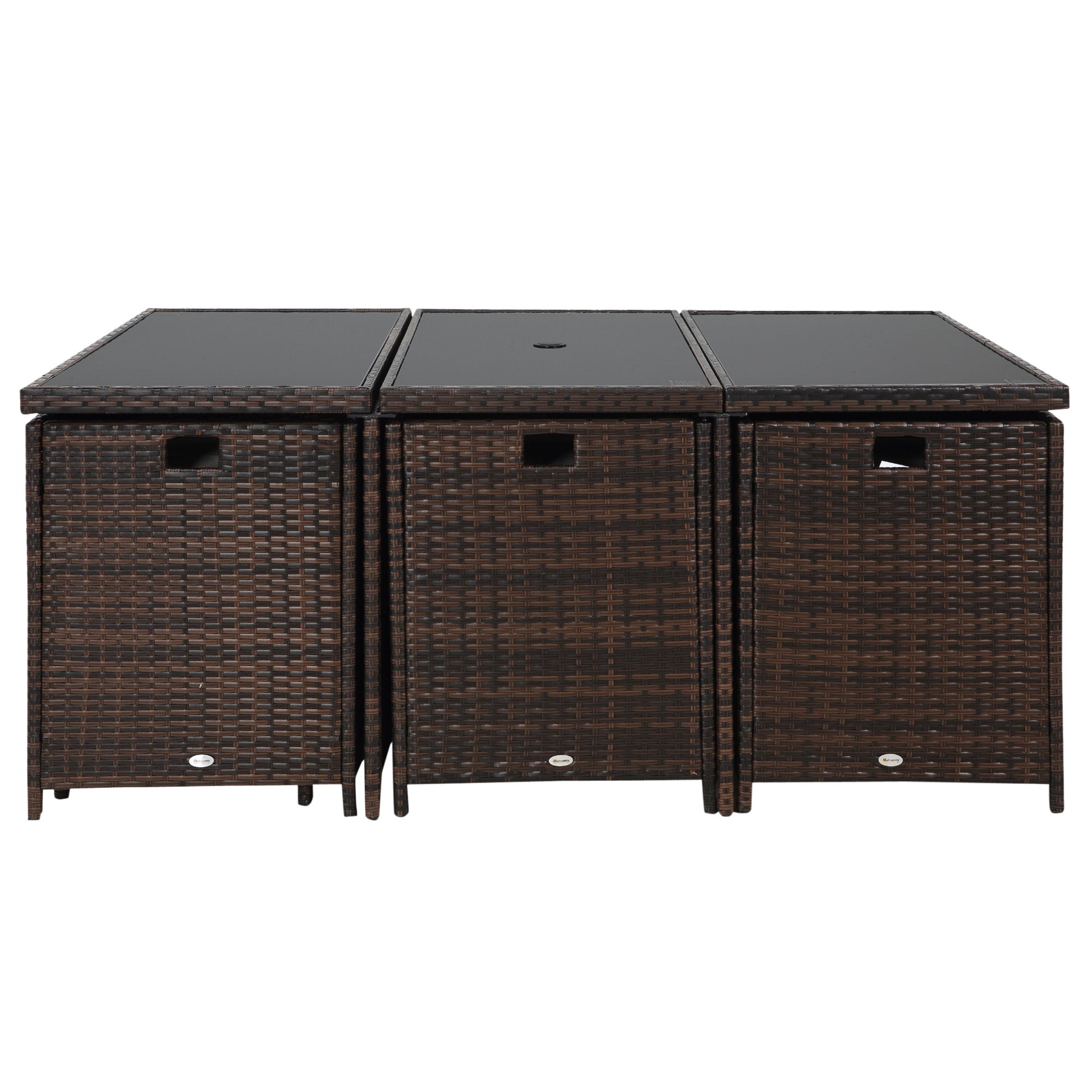 Outsunny 10 Seater Rattan Cube Garden Furniture Set with Parasol Hole, Rattan Dining Set with Cushions, Outdoor Dining Table and Chairs with Rectangular Glass Top Table for Patio, Mixed Brown 