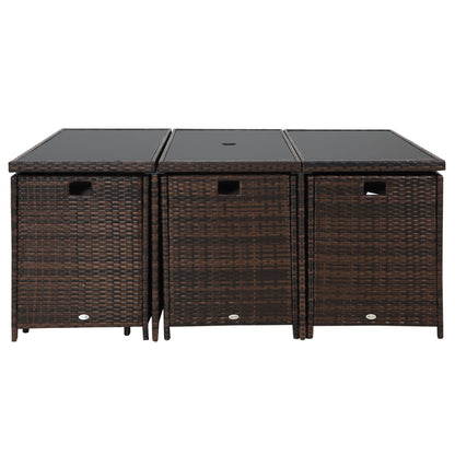 Outsunny 10 Seater Rattan Cube Garden Furniture Set with Parasol Hole, Rattan Dining Set with Cushions, Outdoor Dining Table and Chairs with Rectangular Glass Top Table for Patio, Mixed Brown 