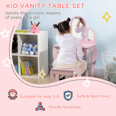 HOMCOM Kids Dressing Table Set, with Mirror and Drawer - Pink 