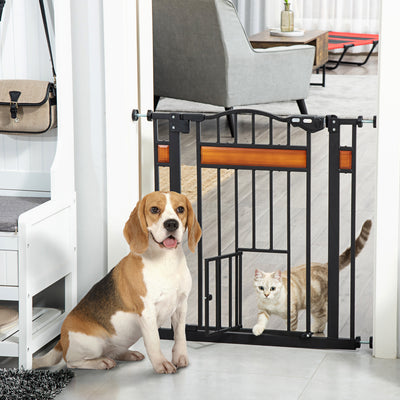 PawHut Pet Gate Safety Gate, with Cat Flap, Auto Close, for Staircases, Doorways, Hallways, 74-80cm Wide - Black 