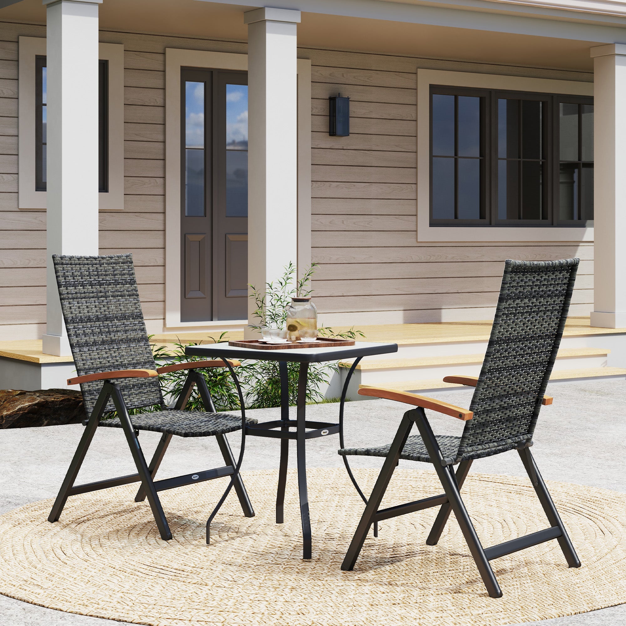 Outsunny 2 Pieces Outdoor Foldable Dining Chair with Armrests, High Backrest, for Garden, Camping, Balcony, Mixed-grey 