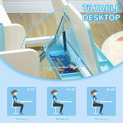 HOMCOM Kids Desk and Chair Set, with Storage Shelves, Washable Cover, for Ages 3-12 Years - Blue 