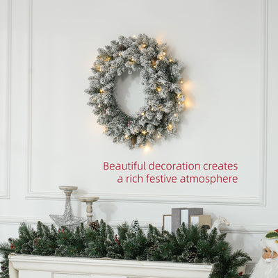 HOMCOM 60" Snowy Pine Cone and Berry Christmas Wreath, with LED Lights 