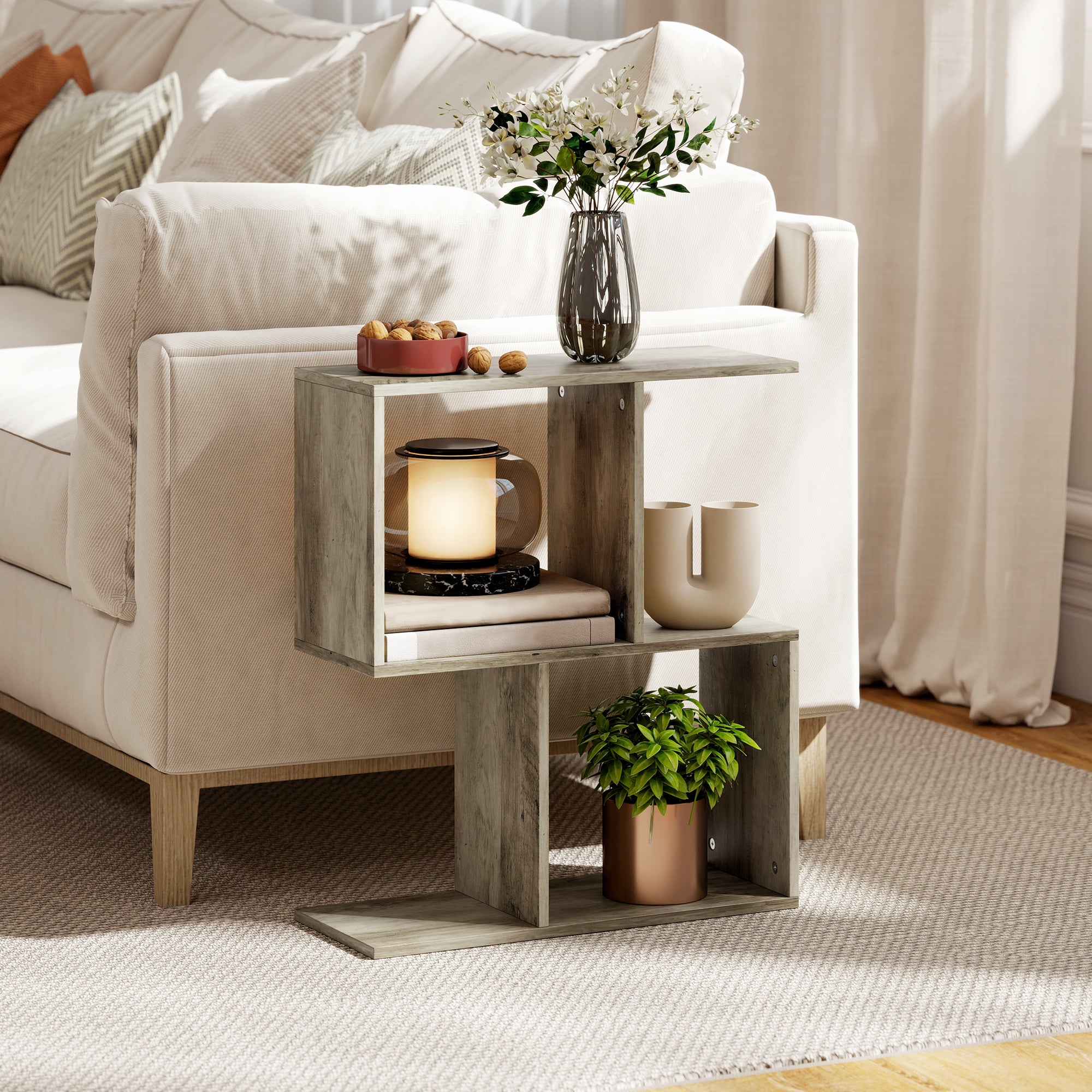 HOMCOM Side Table, Narrow End Table with Storage Shelves, S-Shaped, 3-Tier, 50W x 19.5D x 58H cm, Grey 