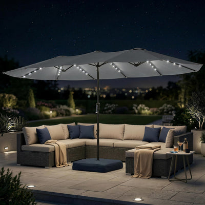 Outsunny Patio Umbrella Double-Sided Outdoor Umbrella with Solar Lights Base, Grey 
