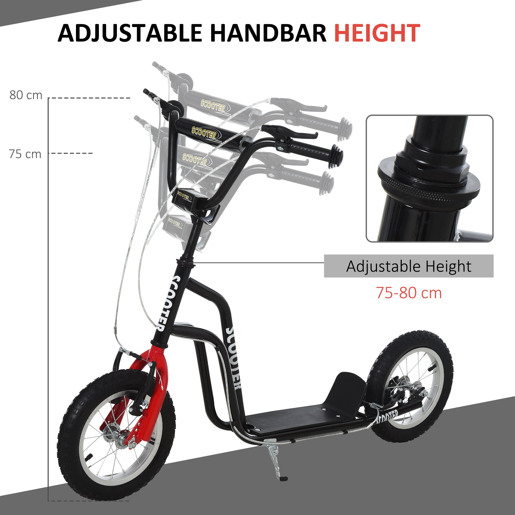 HOMCOM Stunt Scooter, Kids Scooter, 12'' Rubber Tyre Kick Scooter with Adjustable Handlebar, Dual Brakes, Black 
