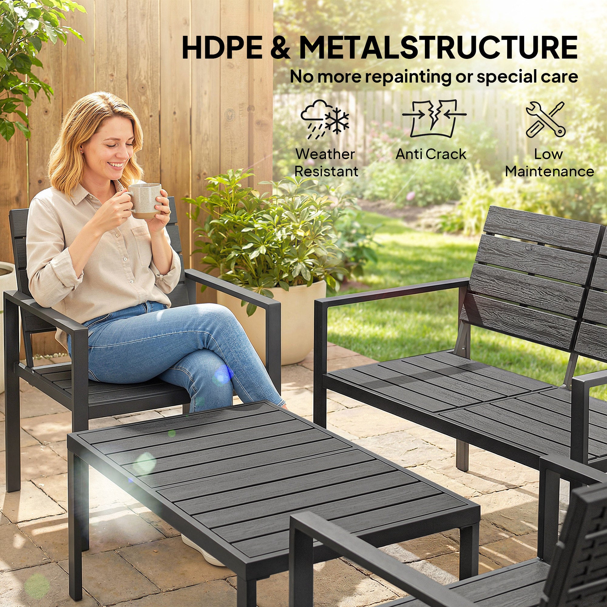 Outsunny 4 Piece Garden Furniture Set, Outdoor Sofa Set with HDPE Slatted Loveseat Armchairs Coffee Table Metal Frame, Black 