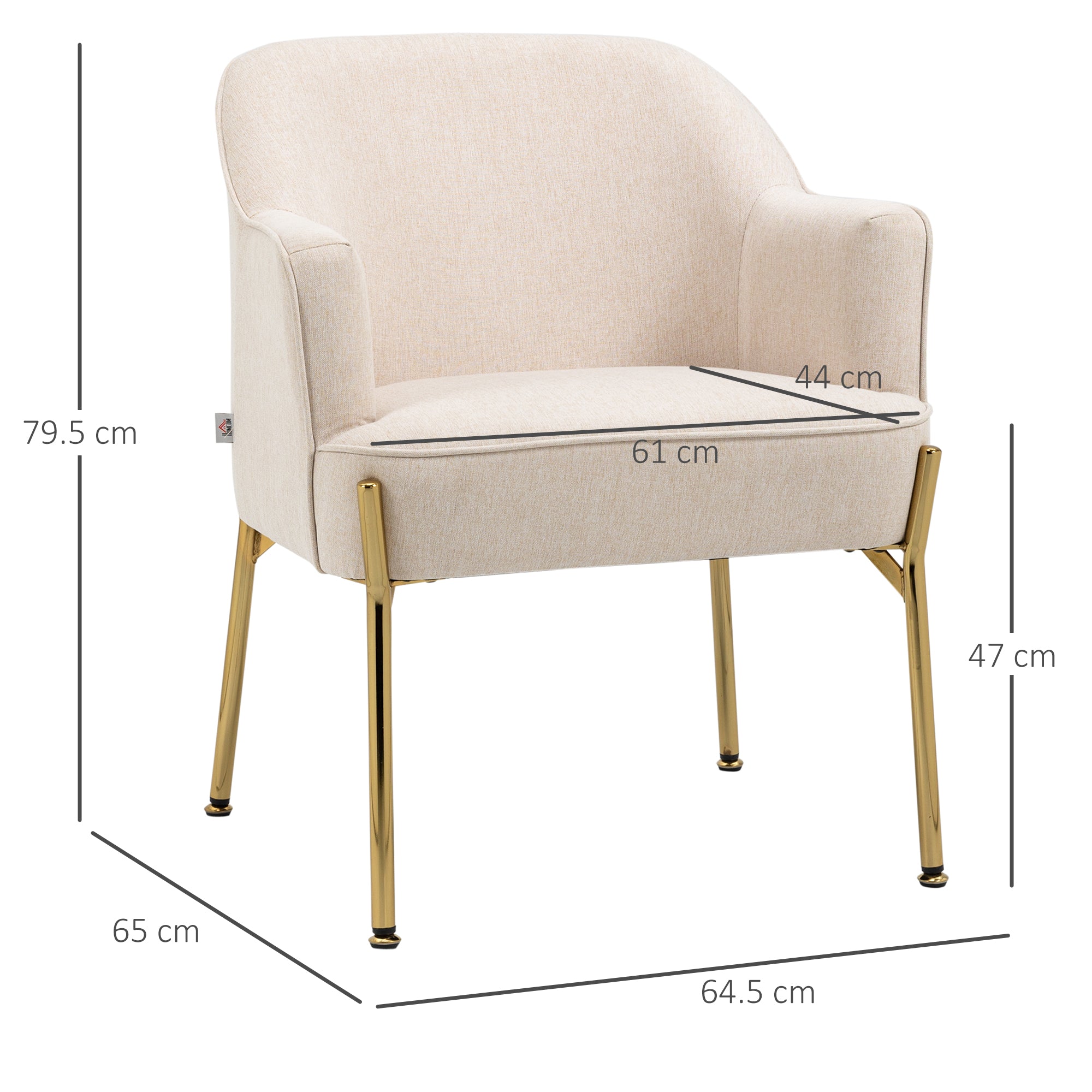 HOMCOM Accent Chair, Living Room Armchair, Vanity Chair with Gold Plating Metal Legs and Soft Padded Seat for Bedroom and Caf\'c3\'a9, Set of 2, White