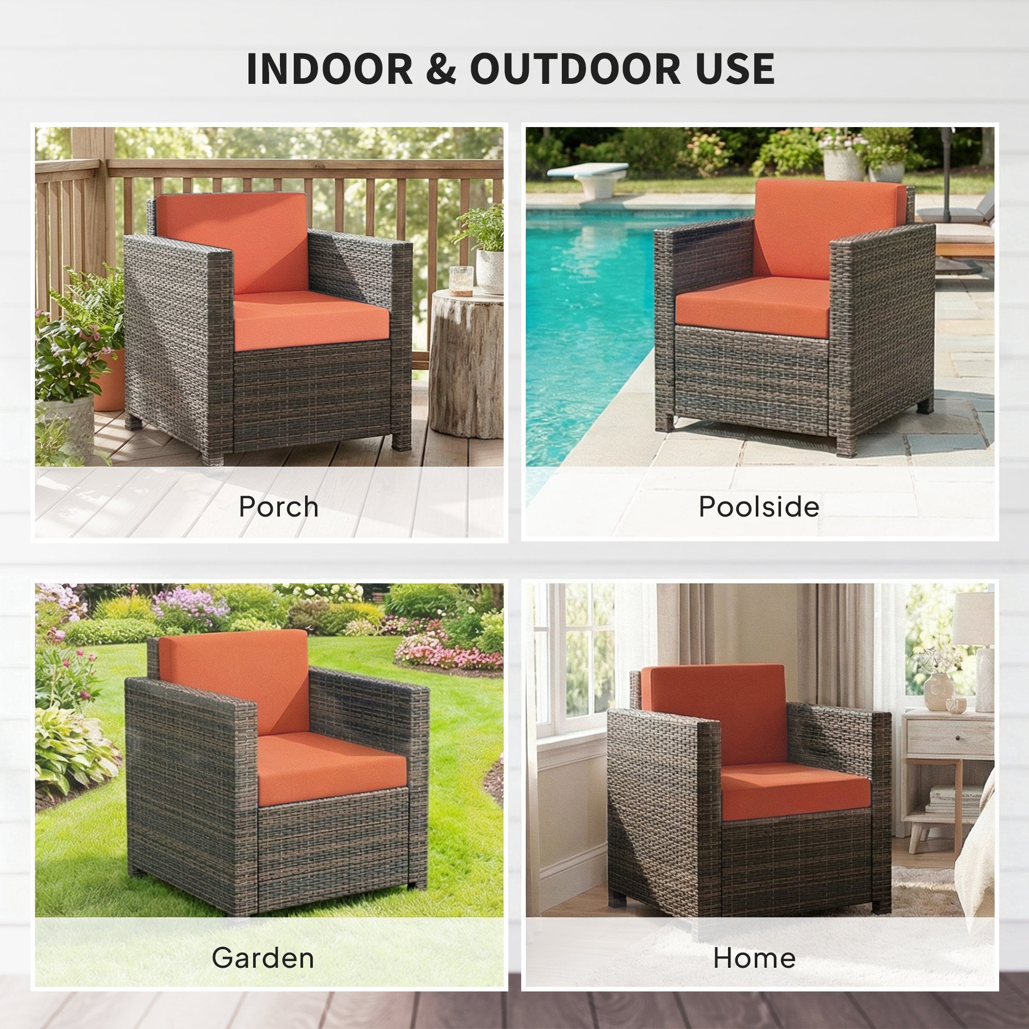 Outsunny PE Rattan Garden Armchair with Cushion - Mixed Brown/Orange 