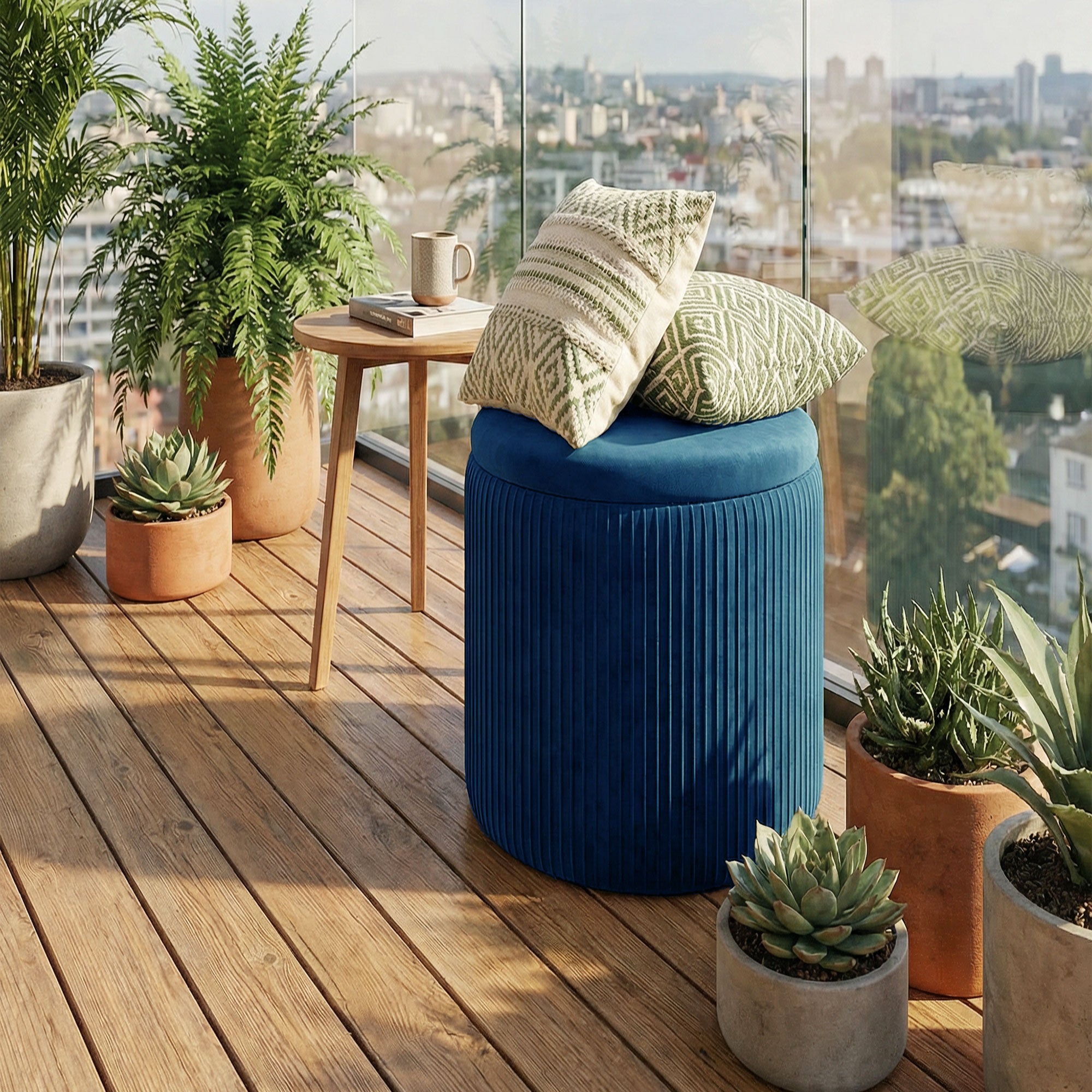 HOMCOM Storage Ottoman Modern Velvet Round Foot Stool for Living Room Bedroom 45 cm Blue 