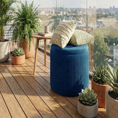 HOMCOM Storage Ottoman Modern Velvet Round Foot Stool for Living Room Bedroom 45 cm Blue 
