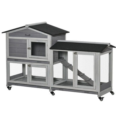PawHut Wooden Rabbit Hutch, Guinea Pig Cage, with Wheels, Run, Slide-Out Tray, Ramp 