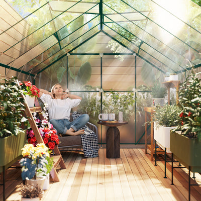 Outsunny 8 x 12ft Aluminium Greenhouse Polycarbonate Walk-in Garden Greenhouse Kit with Adjustable Roof Vent, Double Sliding Door, Rain Gutter and Foundation, Clear 