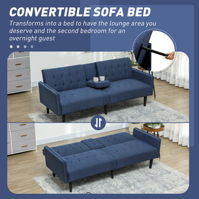 HOMCOM Upholstered Click Clack Sofa Bed, Linen-Feel 3 Seater Sofa Bed with Storage and Cupholders, Dark Blue 