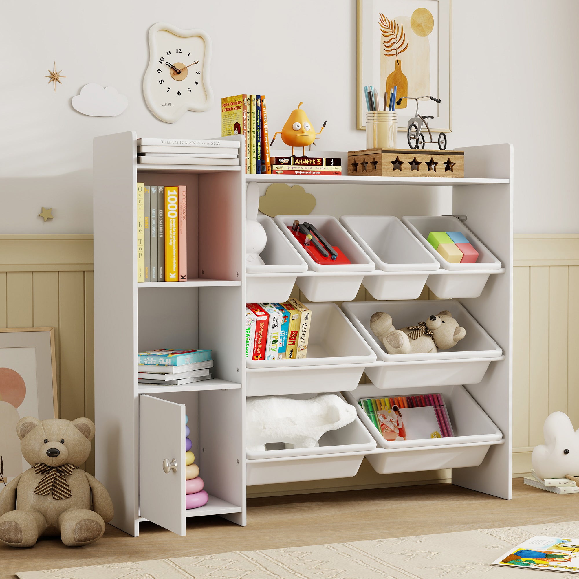 AIYAPLAY Toy Storage Unit with 8 Removable Bins, Storage Shelves, Cabinet, White 