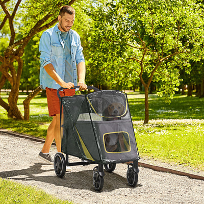 PawHut One-Click Foldable Pet Travel Stroller with Rain Cover, Cat Dog Pushchair with Universal Front Wheels, Shock Absorber, Storage Bags, Mesh Window, Safety Leash for Large and Medium Dogs (Grey) 