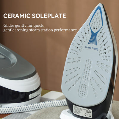 HOMCOM Steam Generator Iron with ECO Mode, Self-Cleaning, Powerful Vertical Steam, Automatic Shut-Off, Ceramic Non-stick Soleplate, Large 1.5L Detachable Water Tank, 8 Bar, 2600W, Blue 