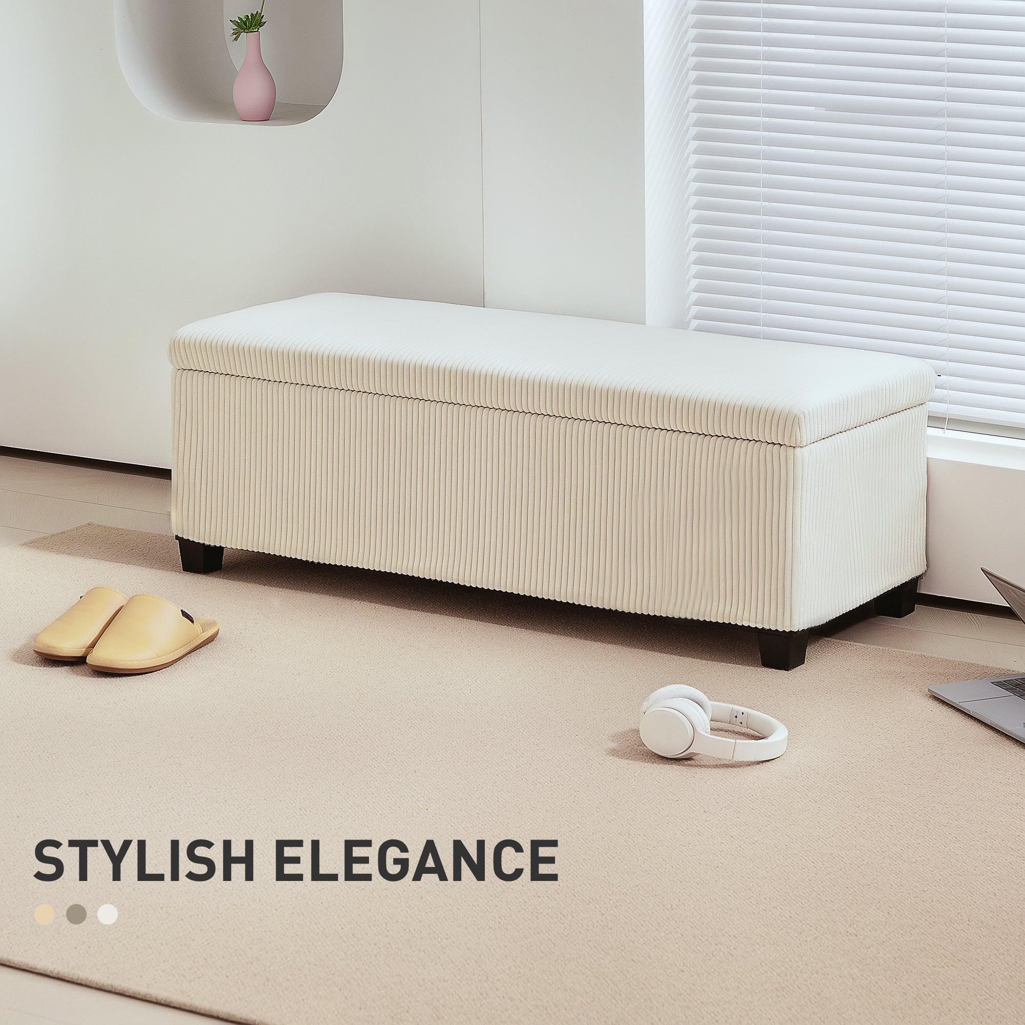 HOMCOM Storage Ottoman Bench, Corduroy Footstool with Removable Lid and Legs, 112cm Storage Chest Box for Living Room, Bedroom, Hallway, Beige 