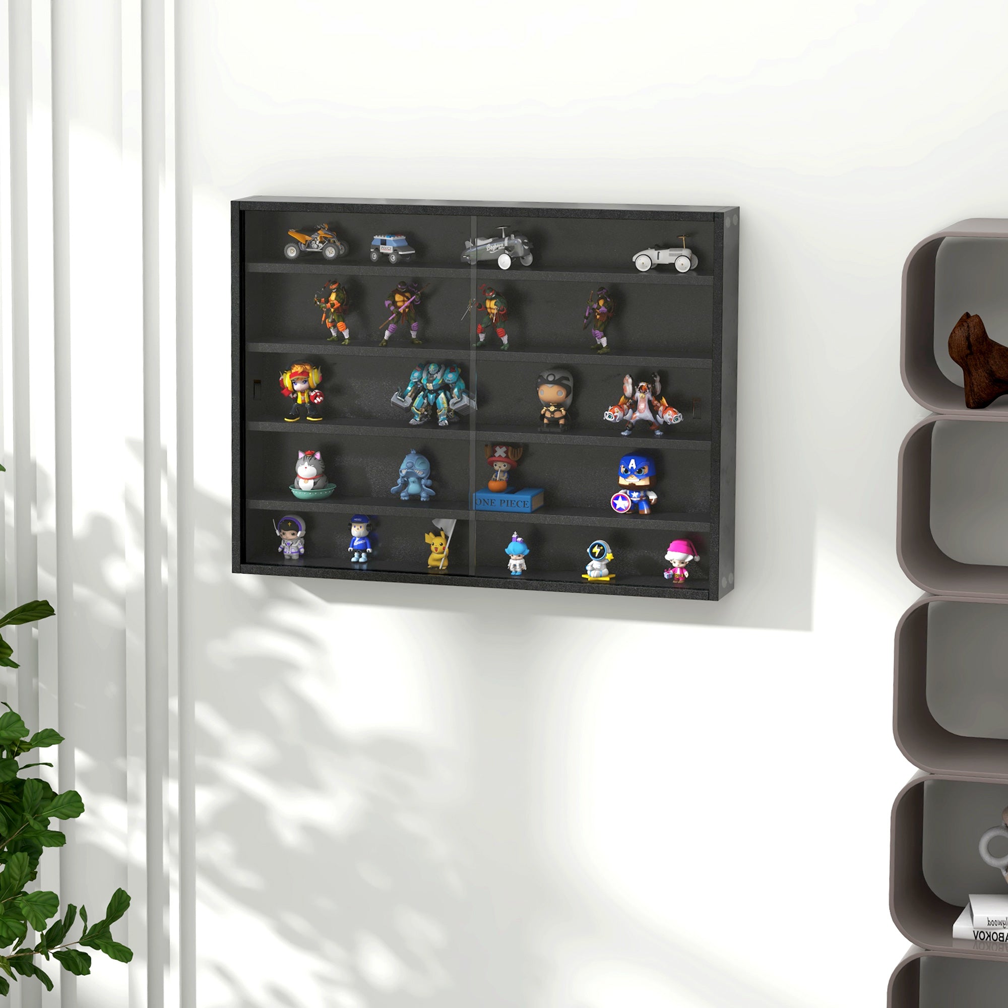 HOMCOM 5-Tier Wall Display Shelf Unit Cabinet w/ 4 Adjustable Shelves Glass Doors Home Office Ornaments 60x80cm Black 