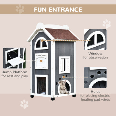 PawHut Wooden Cat House, Weatherproof Pet Shelter, Outdoor Cat Condos Cave, 2 Floor Furniture, Grey and White 
