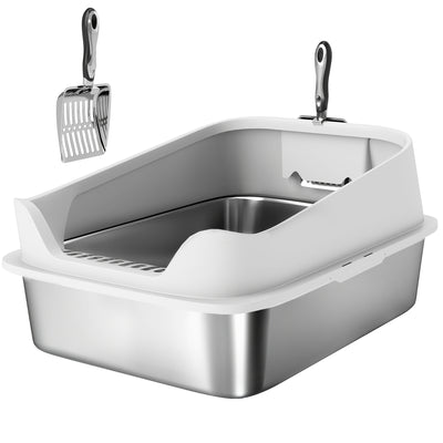 PawHut XL Stainless Steel Cat Litter Box with High Sides, Metal Scoop, 60 x 40 x 30 cm 
