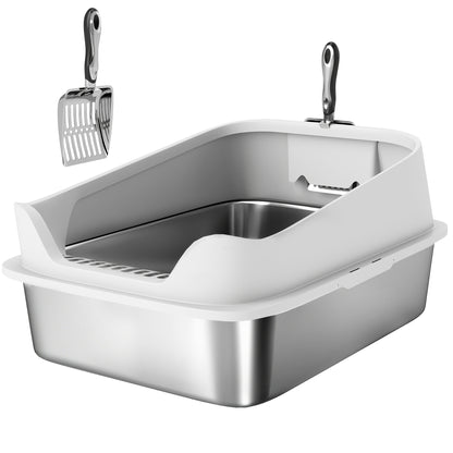 PawHut XL Stainless Steel Cat Litter Box with High Sides, Metal Scoop, 60 x 40 x 30 cm