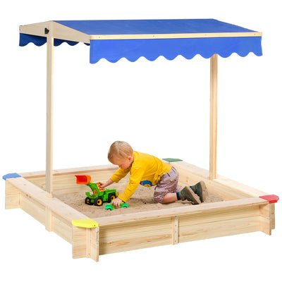 Outsunny Kids Wooden Sand Pit Children Square Sandbox Outdoor Playset Play Station Adjustable Canopy Bench Seat 120x120x120cm 