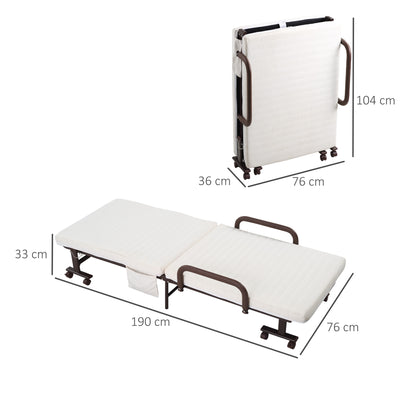 HOMCOM Folding Bed with Mattress, Single Guest Bed, Portable Fold Bed with Adjustable Backrest, Metal Frame on Wheels, White, 190 x 76 cm 