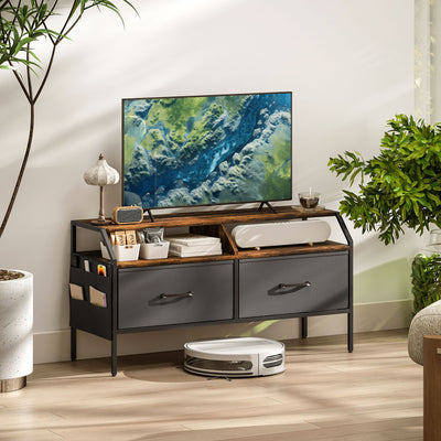 HOMCOM TV Stand Cabinet, TV Unit for 55-inch TVs with 2 Foldable Fabric Drawers, 5 Divided Side Pockets, Open Shelves, Console Table for Living Room, Bedroom, Entertainment Room, Rustic Brown 