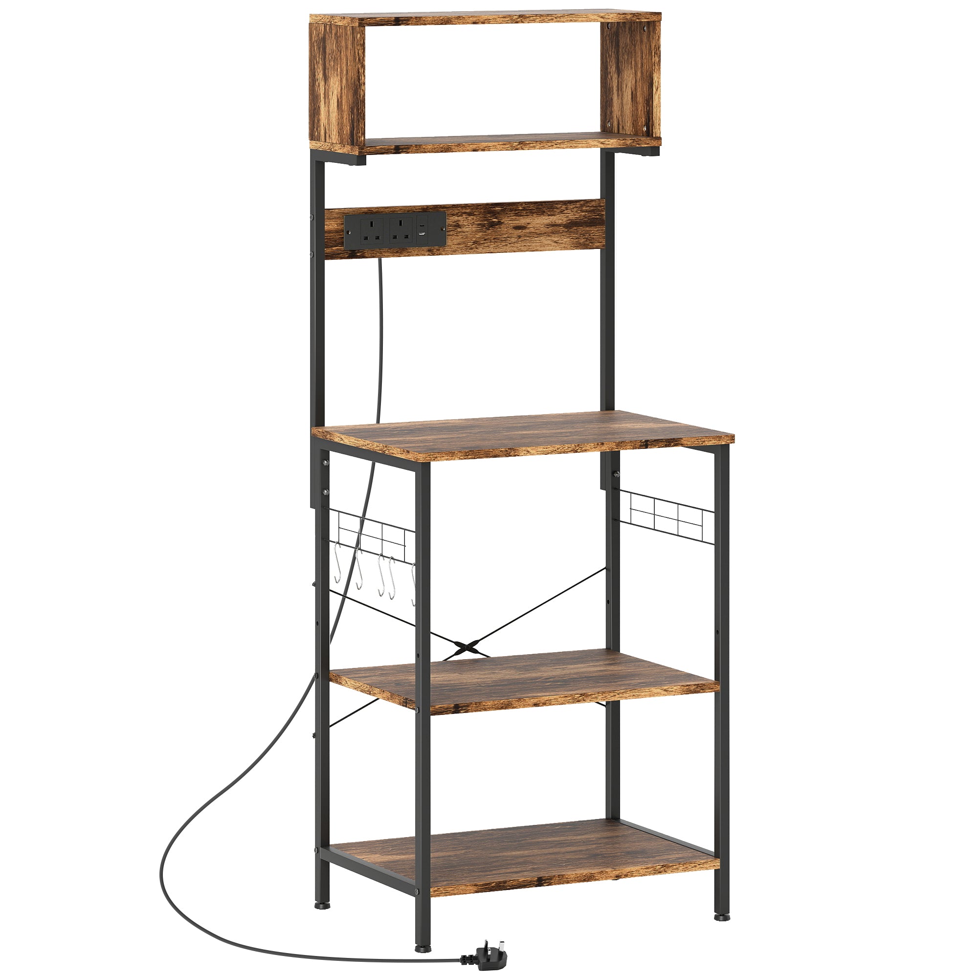 HOMCOM Kitchen Storage Rack, Bakers Rack with Power Outlet, USB Charger, Rustic Brown 