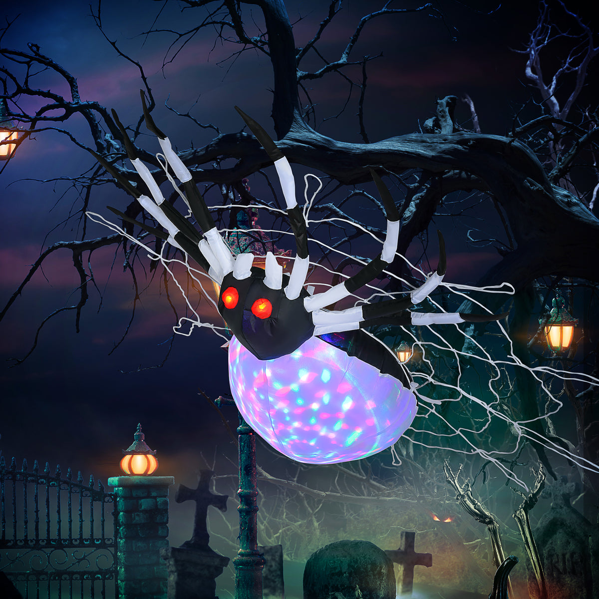 HOMCOM 5FT Long Halloween Inflatable Spider, Hanging Giant Spider with Colourful LED Light, Blow-Up Outdoor LED Garden Display for Lawn, Party 