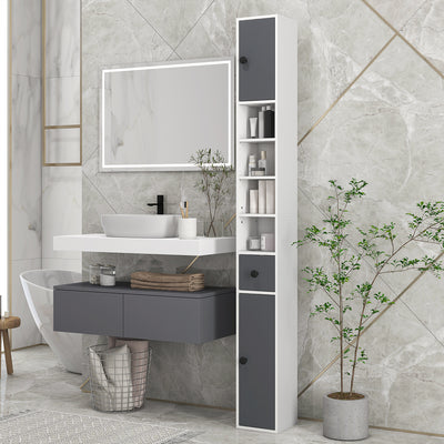kleankin 180cm Slim Bathroom Cabinet, with Drawer, Shelves and Cupboards - Grey 