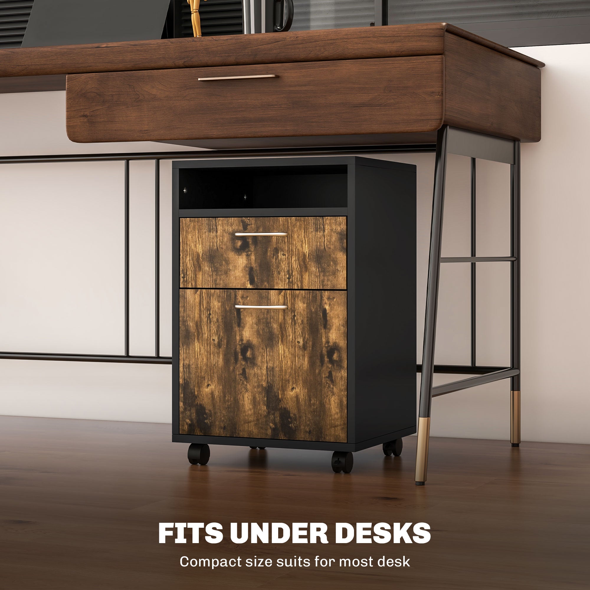 HOMCOM 60cm Filing Cabinet with Drawer, Open Shelf, Metal Handles and 4 Wheels, Office Home Organiser Mobile Printer, Rustic Brown 
