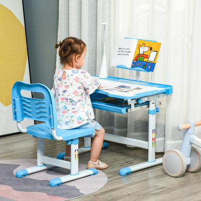 HOMCOM Kids Study Desk and Chair Set w/ Adjustable Height, Storage, Drawer, Blue 