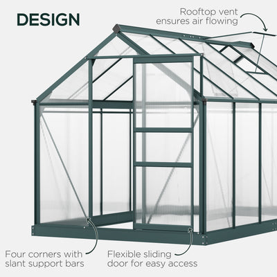 Outsunny 6 x 10ft Polycarbonate Greenhouse, Large Walk-In Green House with Slide Door and Window, Garden Plants Grow House with Aluminium Frame and Foundation, Dark Green 