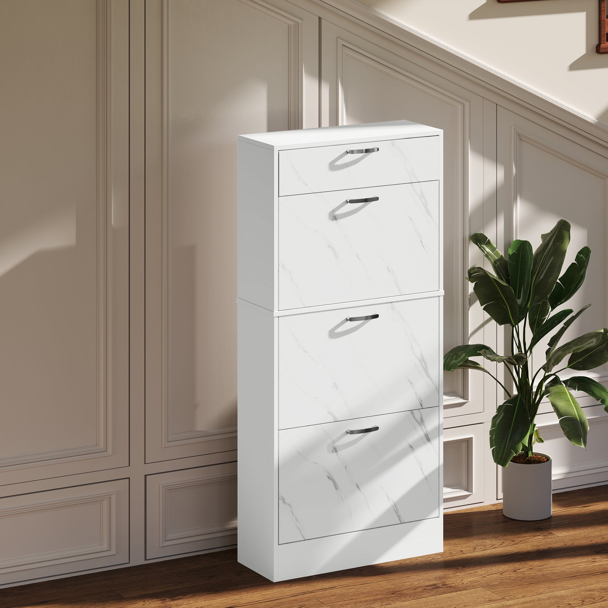 HOMCOM Marble Shoe Storage Cabinet with 3 Flip Drawers, Hallway Cabinet with Top Drawer and Adjustable Shelves, Shoe Cupboard for 18 Pairs, White 