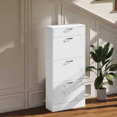 HOMCOM Marble Shoe Storage Cabinet with 3 Flip Drawers, Hallway Cabinet with Top Drawer and Adjustable Shelves, Shoe Cupboard for 18 Pairs, White 