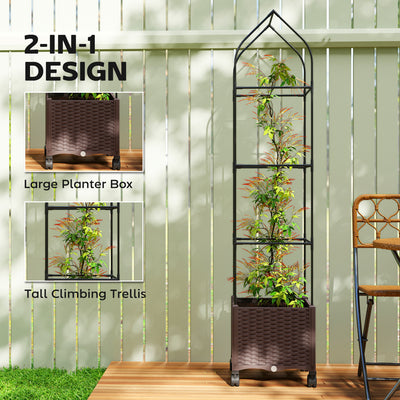 Outsunny Raised Garden Bed with Trellis, Tomato Cage with Lockable Wheels, Self Watering Planter Box with Drainage Holes, Brown 