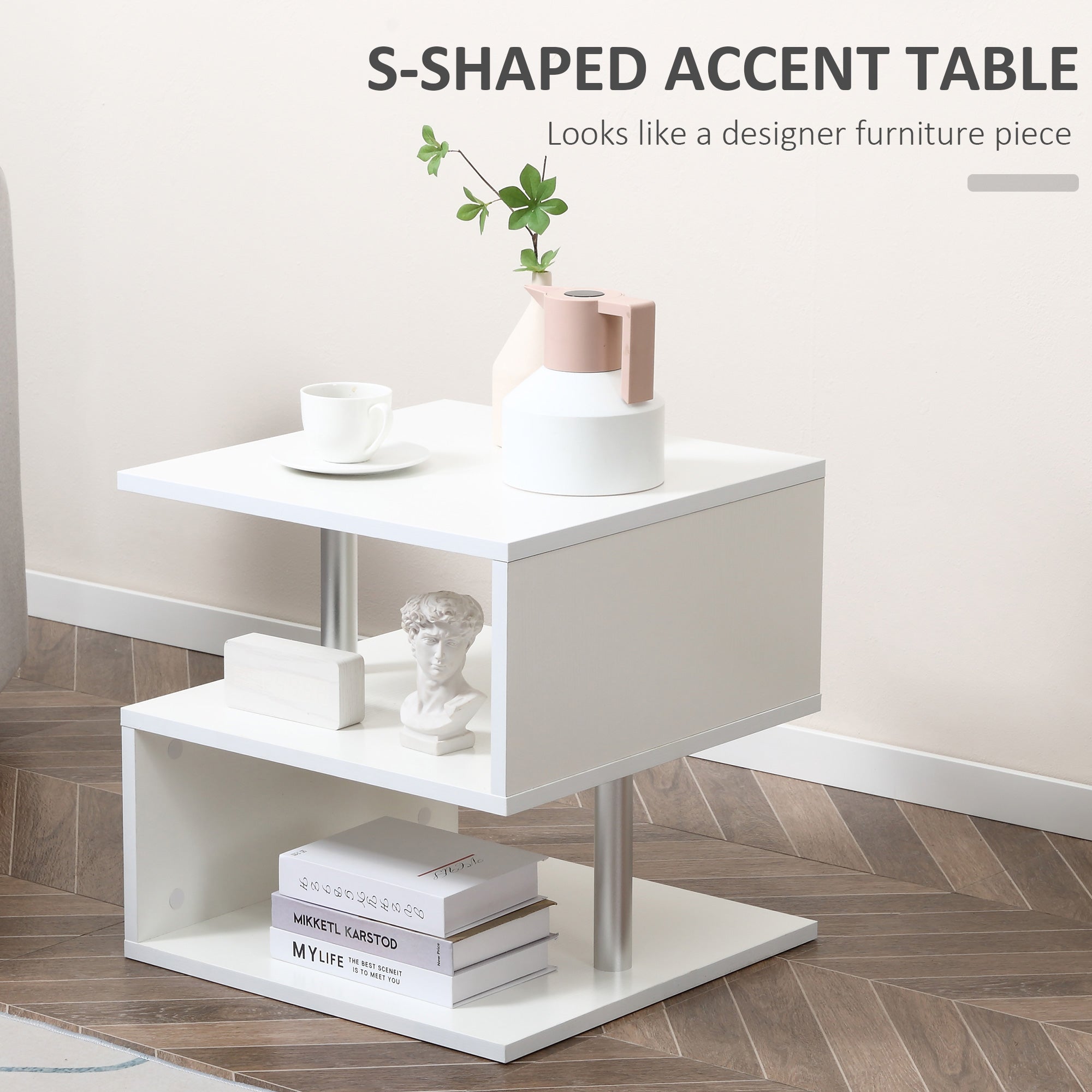 HOMCOM Wooden S Shape Cube Coffee Table 2 Tier Storage Shelves Organizer Office Bookcase Living Room End Desk Stand Display (White) 