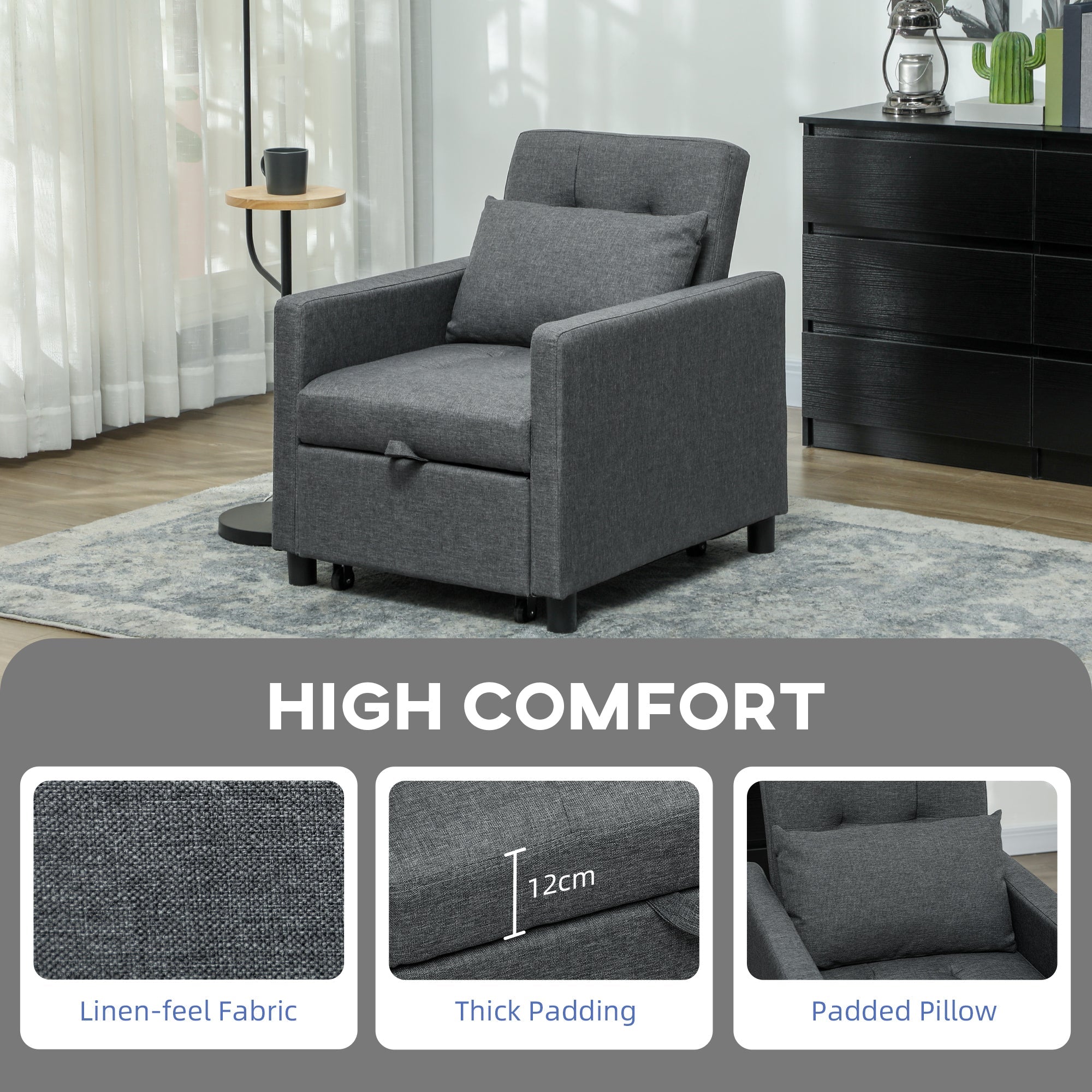 HOMCOM 3-In-1 Chair Bed, Convertible Sleeper Chair with Adjustable Backrest, Pillow and Footrest for Living Room, Dark Grey 