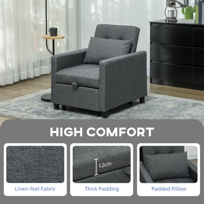 HOMCOM 3-In-1 Chair Bed, Convertible Sleeper Chair with Adjustable Backrest, Pillow and Footrest for Living Room, Dark Grey 